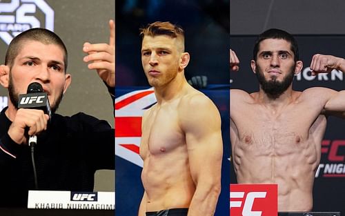 Khabib Nurmagomedov [left], Dan Hooker [center], Islam Makhachev [right]