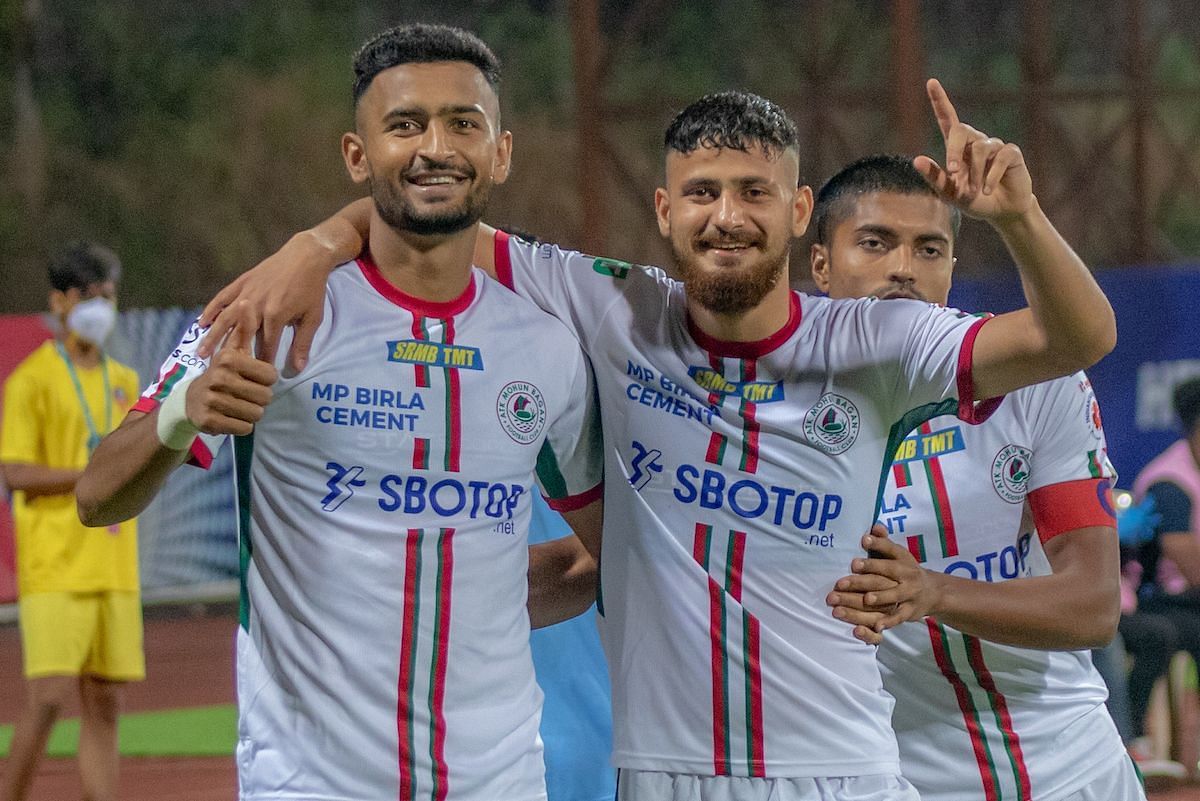 ATK Mohun Bagan&#039;s Manvir Singh celebrates with team mate Deepak Tangri after scoring a goal against FC Goa. (Image Courtesy: ISL Media)