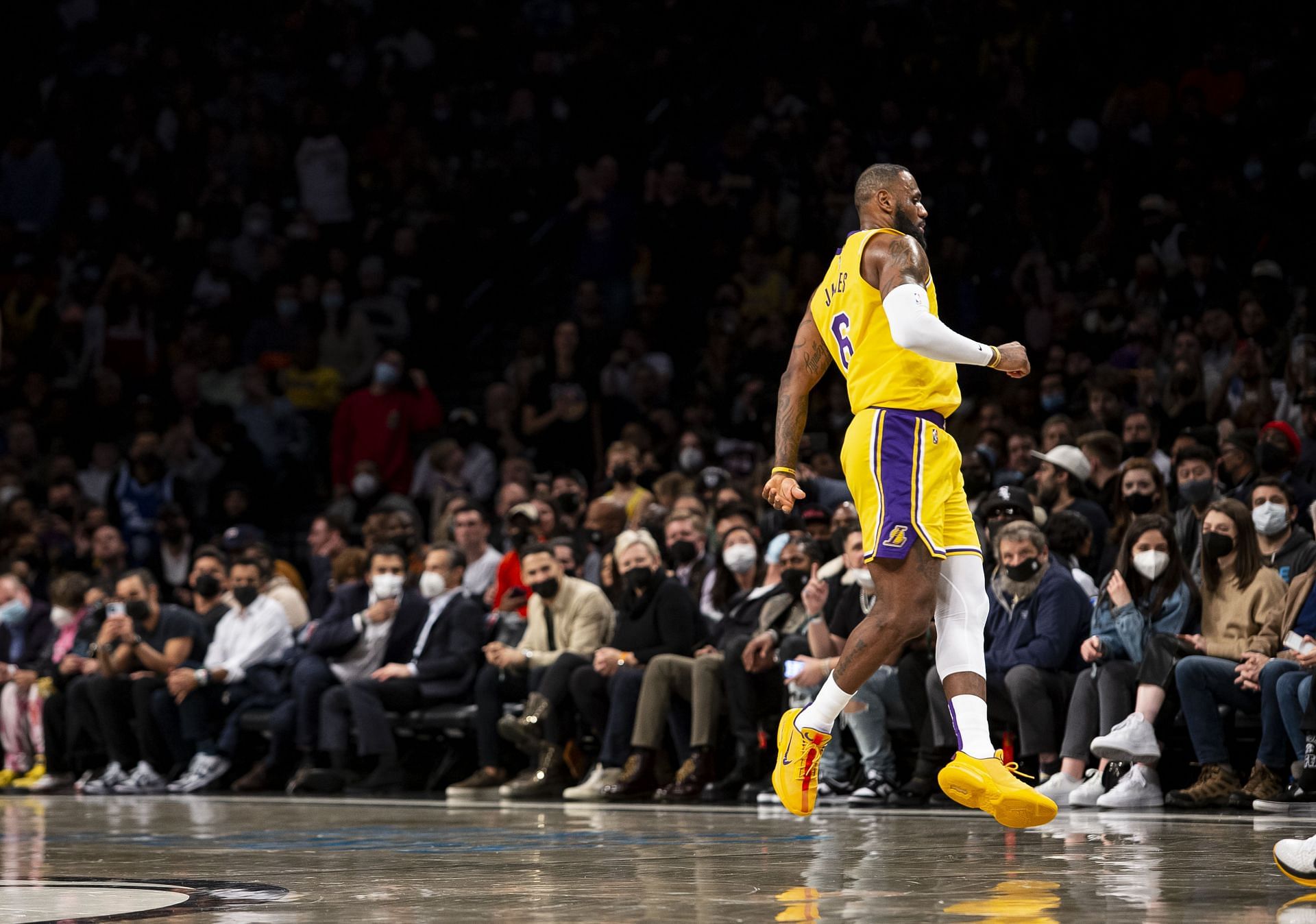 LeBron James #6 of the Los Angeles Lakers skips down court after shot against the Brooklyn Nets at Barclays Center on January 25, 2022 in the Brooklyn borough of New York City.