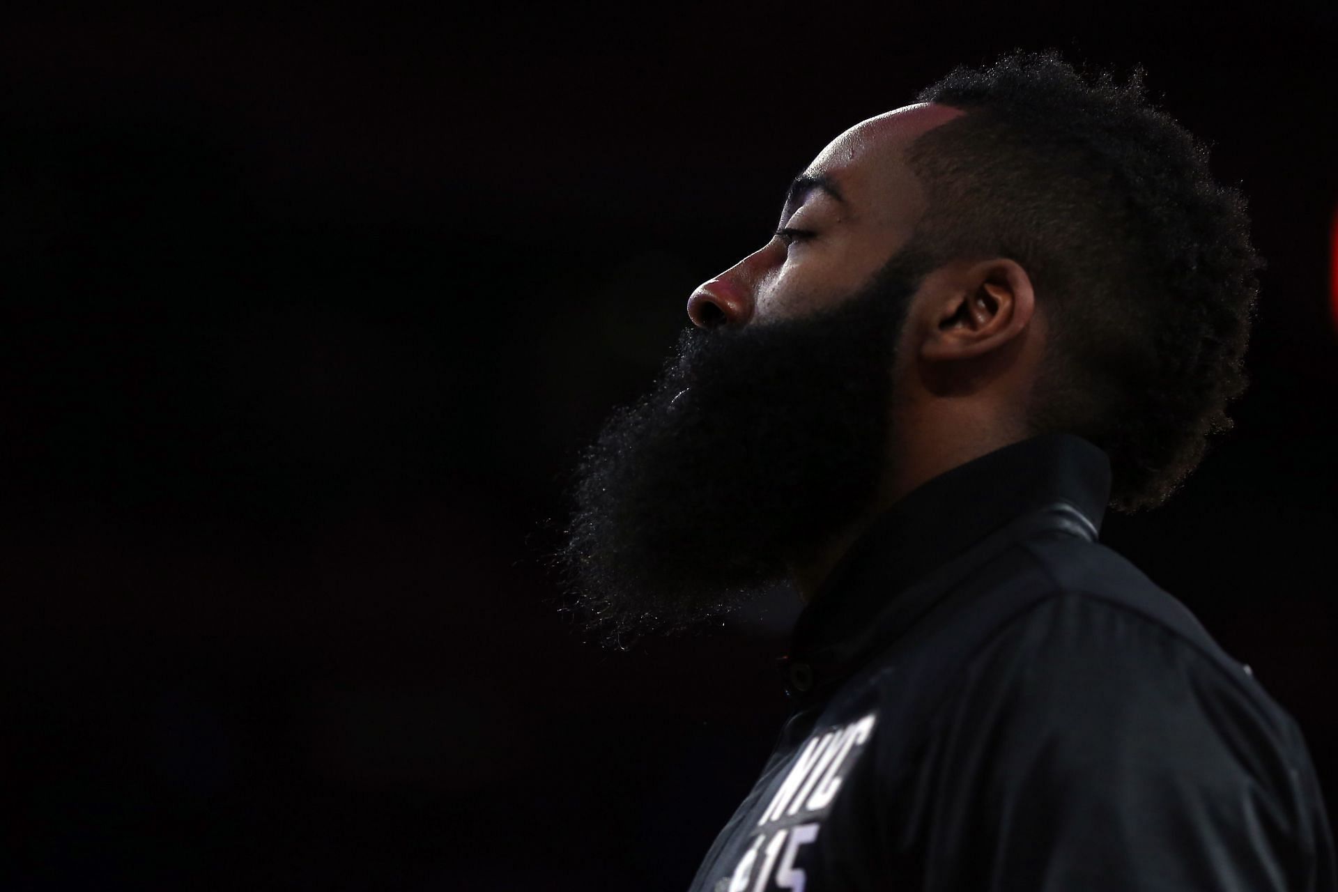 James Harden of the Houston Rockets and the Western Conference looks on during the 2015 NBA All-Star Game at Madison Square Garden.