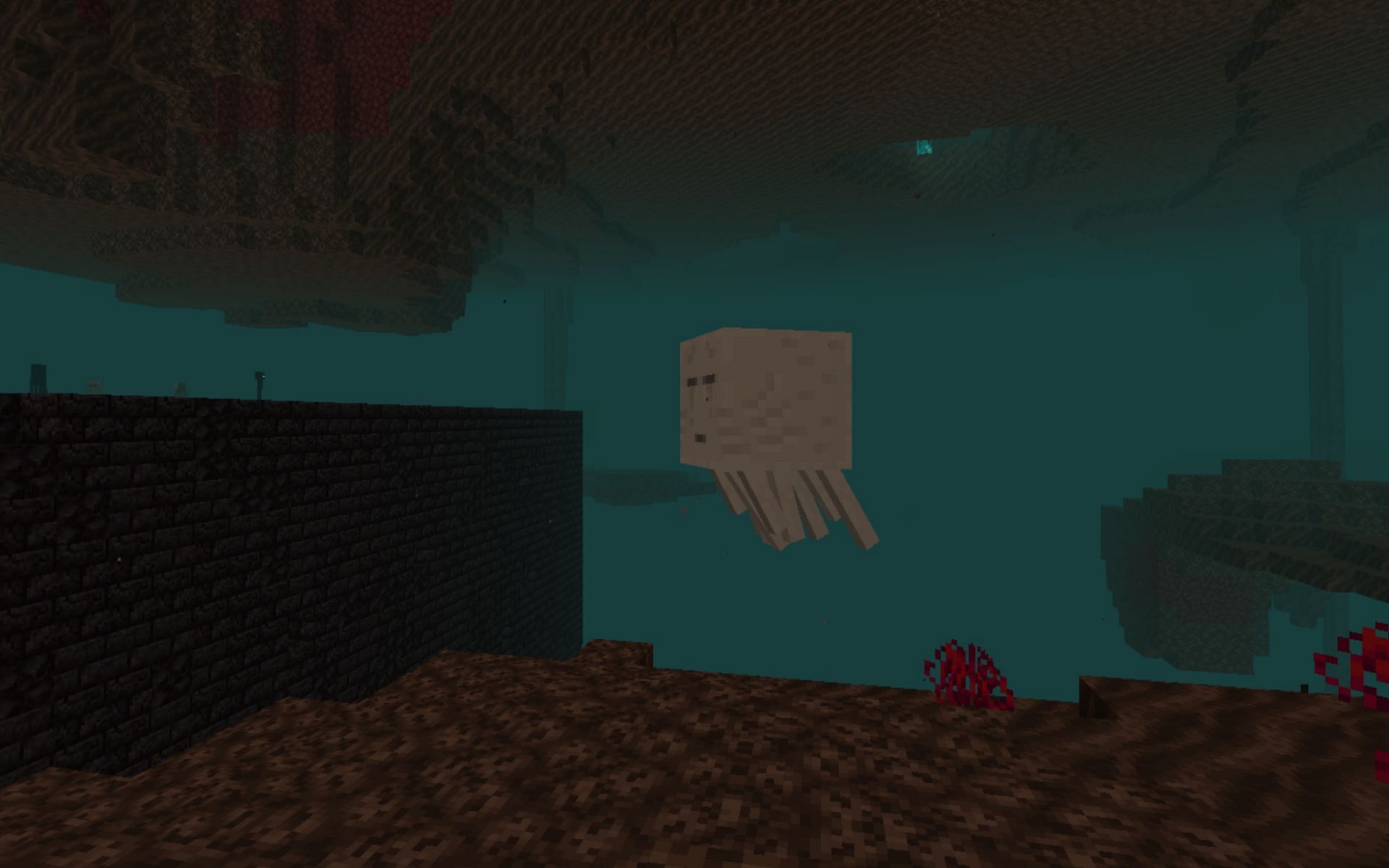Ghast in the soul sand valley biome (Image via Minecraft)