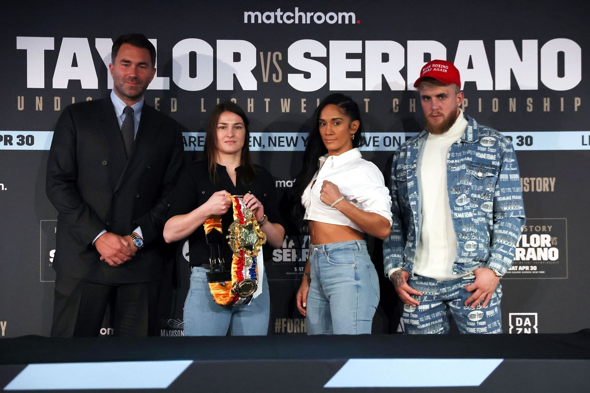 Katie Taylor and Amanda Serrano with their respective promoters