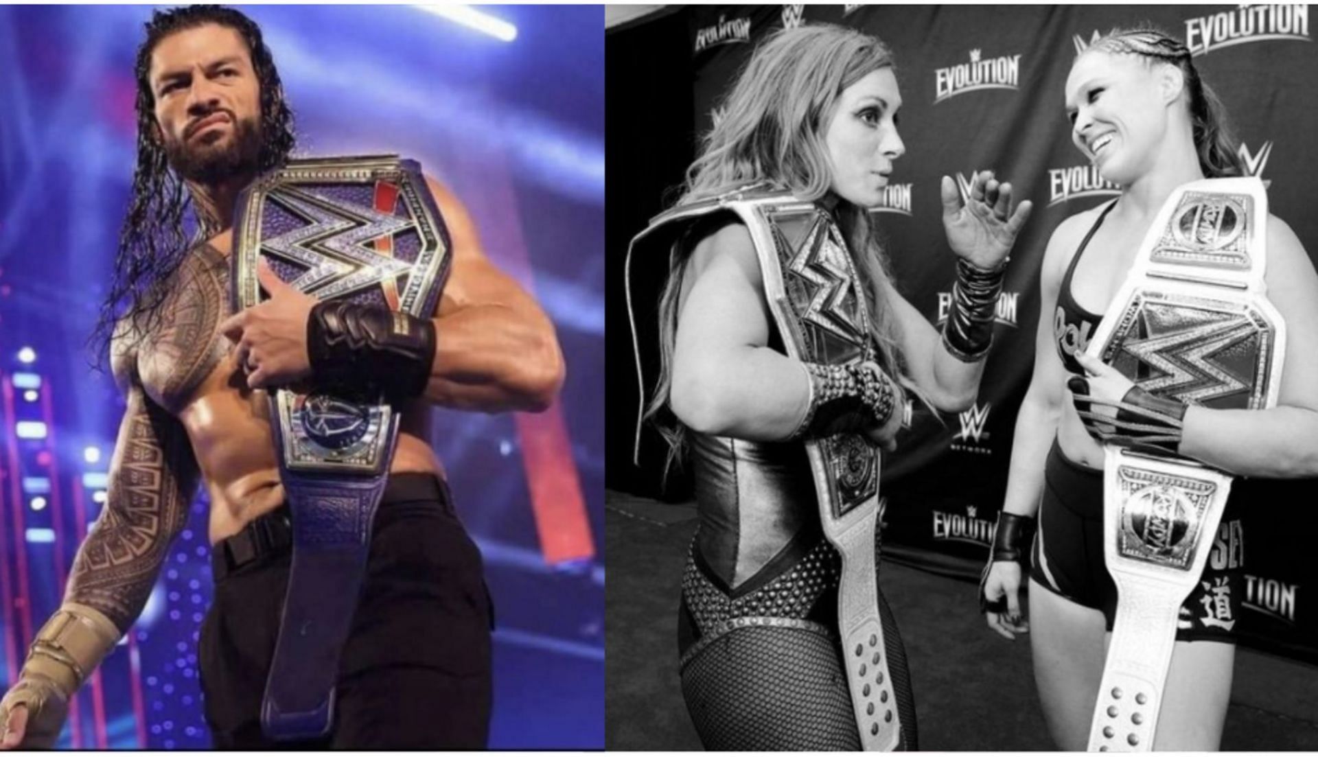 Universal Champion Roman Reigns, RAW Women&#039;s Champion Becky Lynch, and Ronda Rousey.