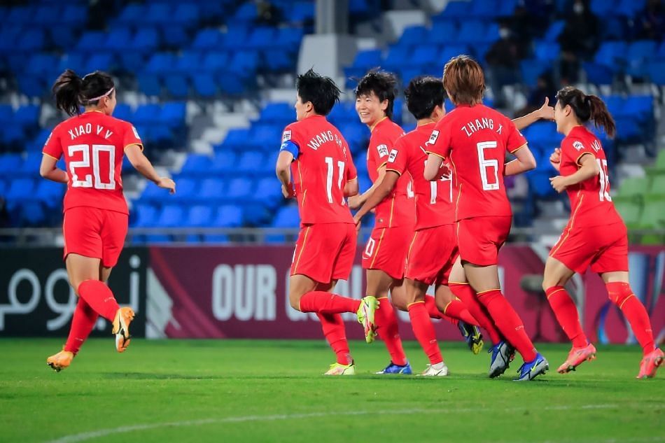 China celebrate a goal against Japan in the AFC Women&#039;s Asian Cup semifinals (PC: Twitter/afcasiancup)