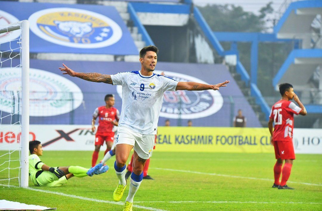 Real Kashmir forward Tiago Adan after scoring a goal against Aizawl FC. (Image Courtesy: Twitter/ILeagueOfficial)