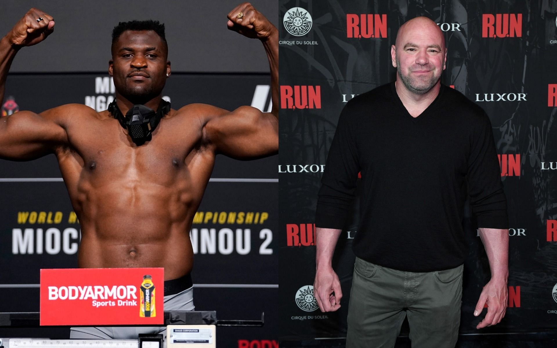 Francis Ngannou at the UFC 260 official weigh-ins (left) and Dana White attending an event (right)