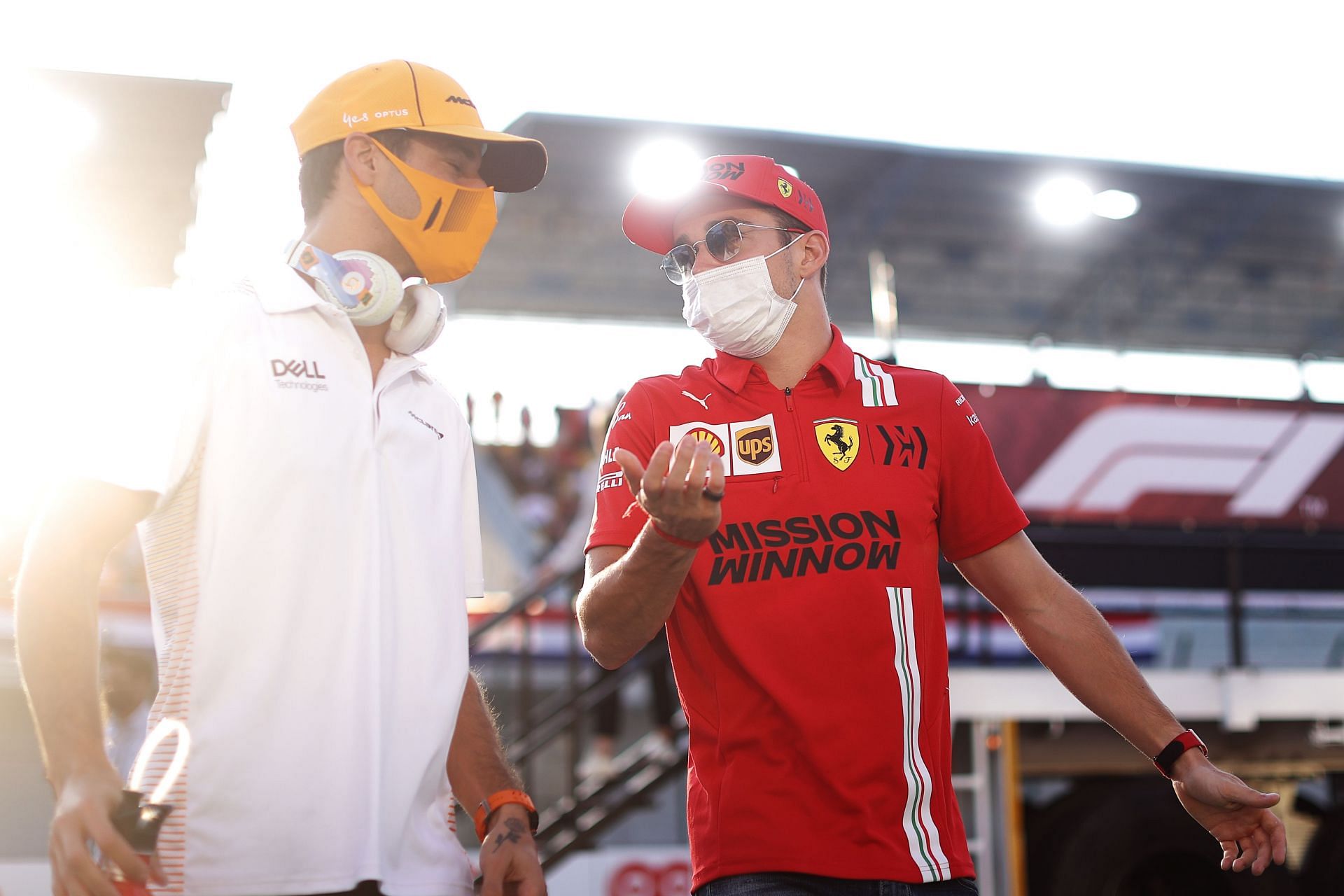 Daniel Ricciardo and Charles Leclerc at the drivers&#039; parade in Doha. (Photo by Lars Baron/Getty Images)