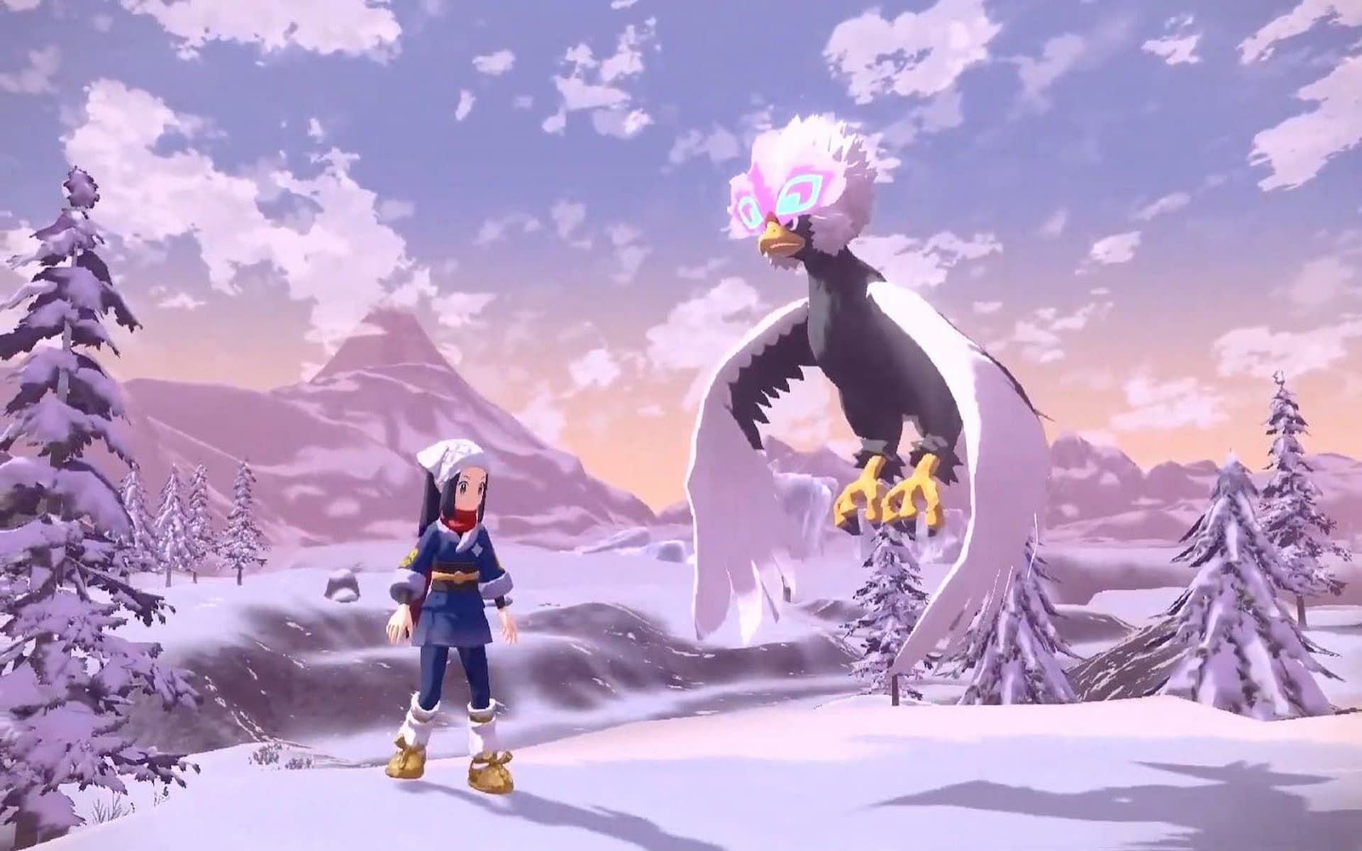 A trainer stands with a Hisuian Braviary in Legends Arceus (Image via Game Freak)