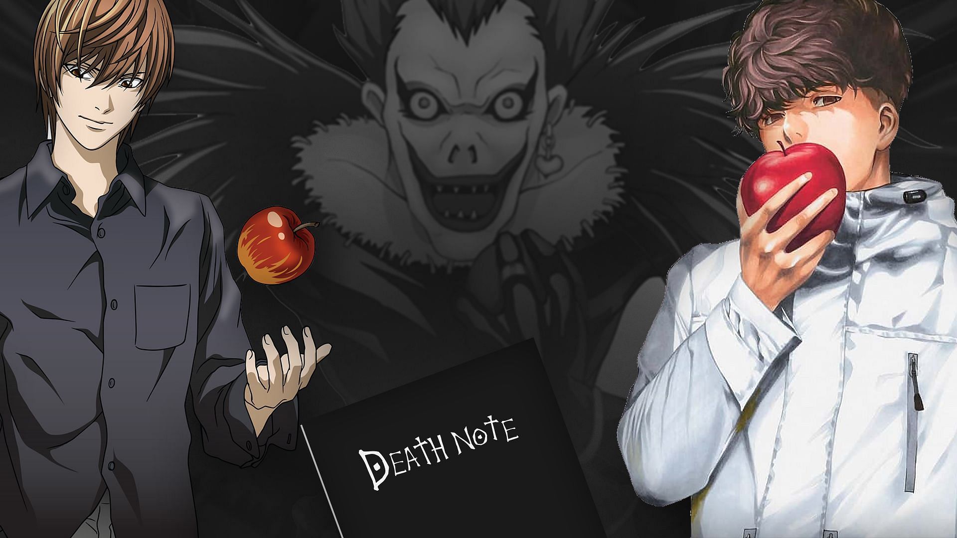 Image featuring Ryuk in the background with the protagonist, Light Yagami on the left, and the protagonist of Death Note&#039;s one-shot &quot;A-Kira Story,&quot; Minoru Tanaka (Image via Sportskeeda)