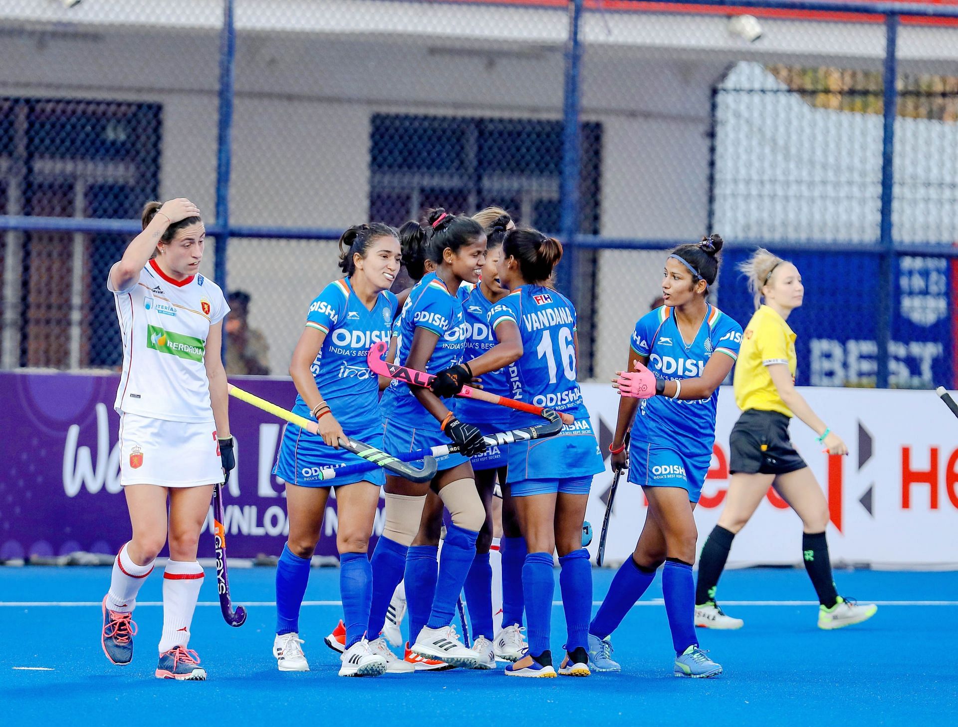 The Indian women&#039;s hockey team at an FIH Pro League match against Spain. (PC: Hockey India)