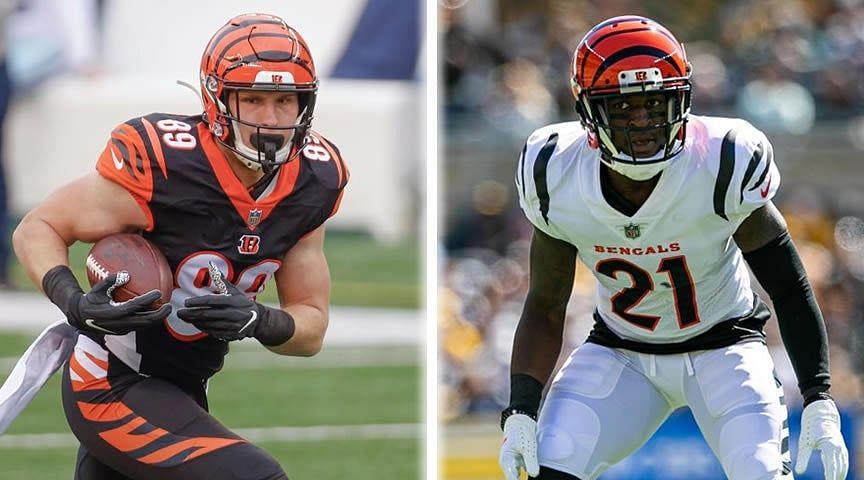 Bengals tight-end Drew Sample &amp; nickelback Mike Hilton Rams tight-end Kendall Blanton &amp; linebacker Ernest Jones Enter caption