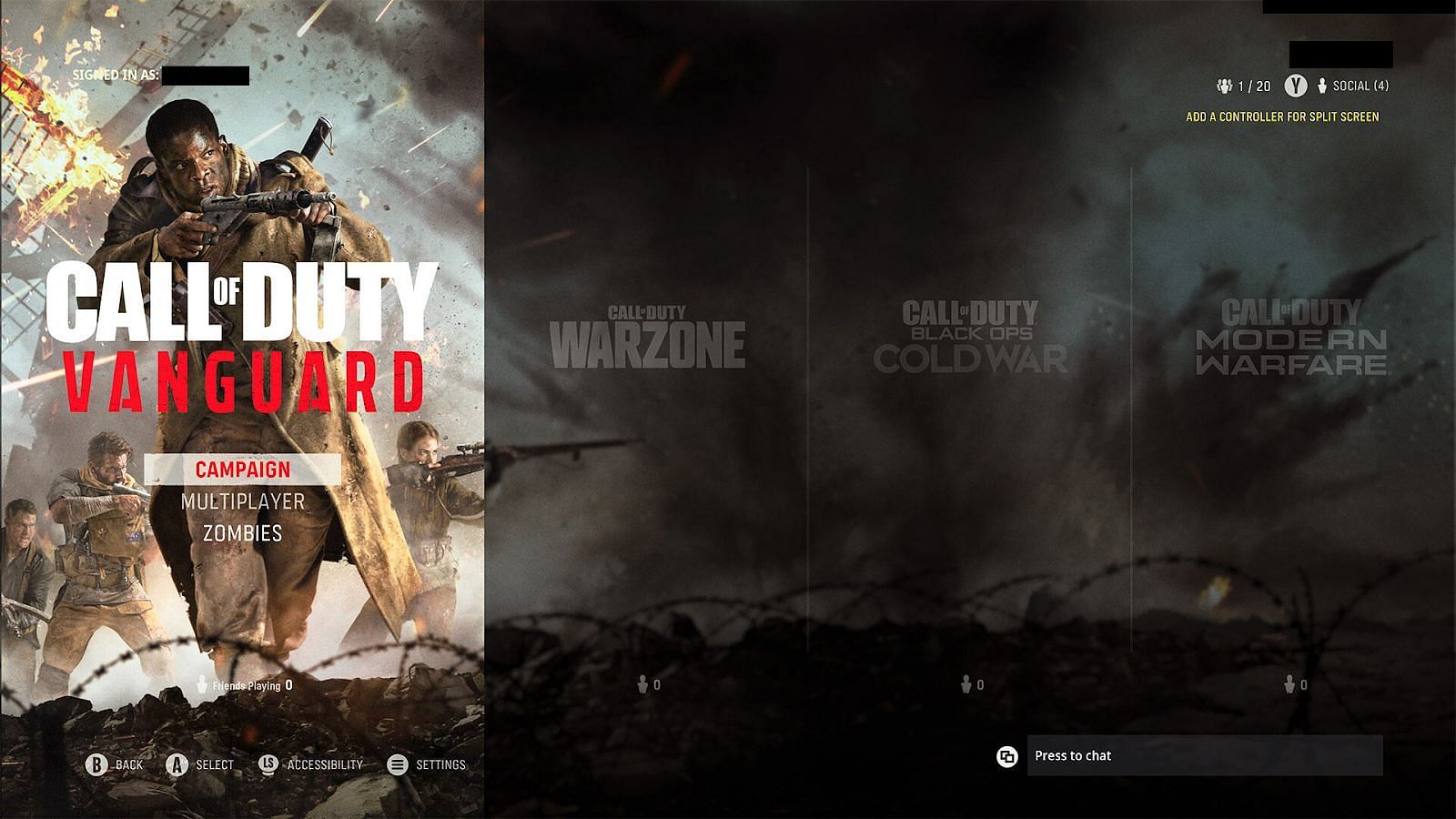 Current menu with Vanguard, Warzone, Black Ops Cold War, and Modern Warfare (Image by Activision)