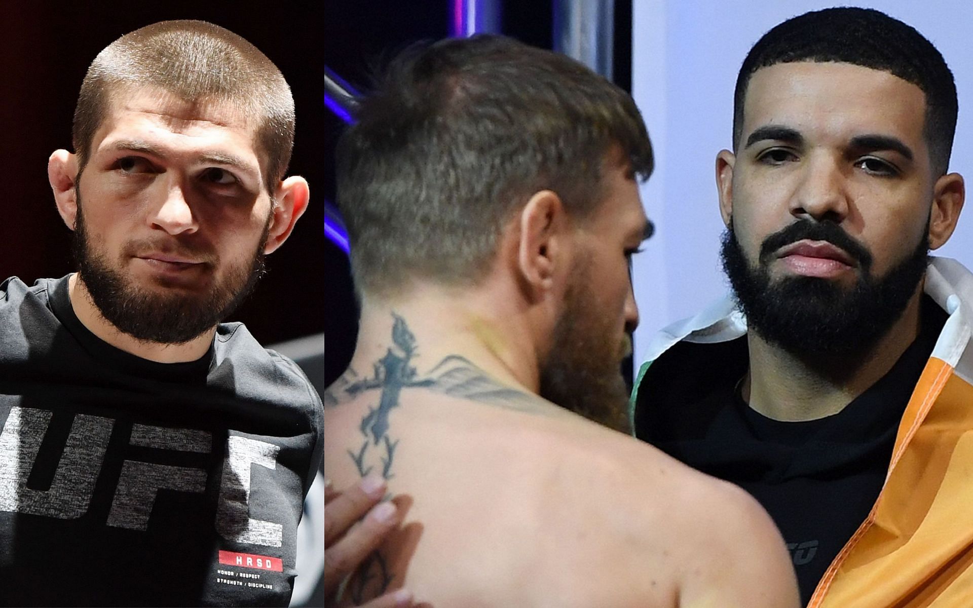 Khabib Nurmagomedov (left); Conor McGregor and Drake (right)