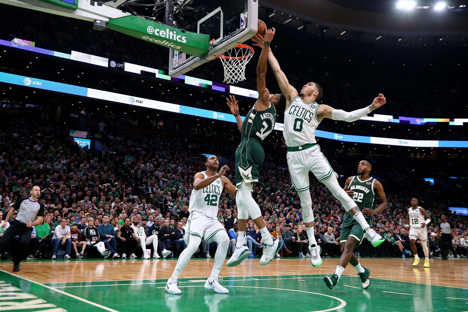 Jayson Tatum #0 of the Boston Celtics defends a shot from Giannis Antetokounmpo #34 of the Milwaukee Bucks during the second half of Game 3 of the Eastern Conference Semifinals of the 2019 NBA Playoffs at TD Garden on May 03, 2019 in Boston, Massachusetts. The Bucks defeat the Celtics 123 - 116.