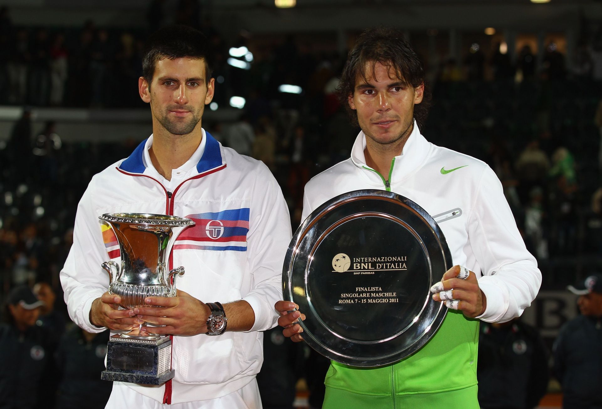 Novak Djokovic and Rafael Nadal at the 2011 Internazionali BNL d'Italia