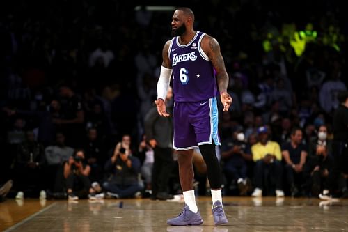 LeBron James of the LA Lakers reacts to a play against the LA Clippers.