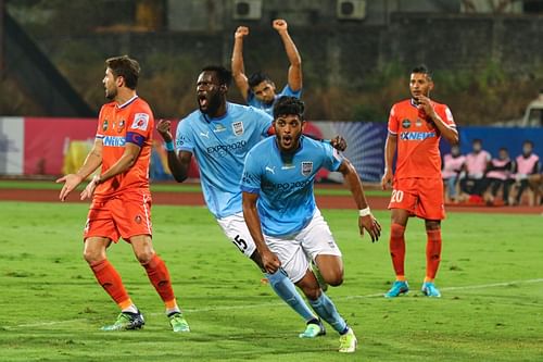 Enter caption Enter caption Enter caption Mehtab Singh opened the scoring for Mumbai City FC against FC Goa. (Image Courtesy: Twitter/MumbaiCityFC)