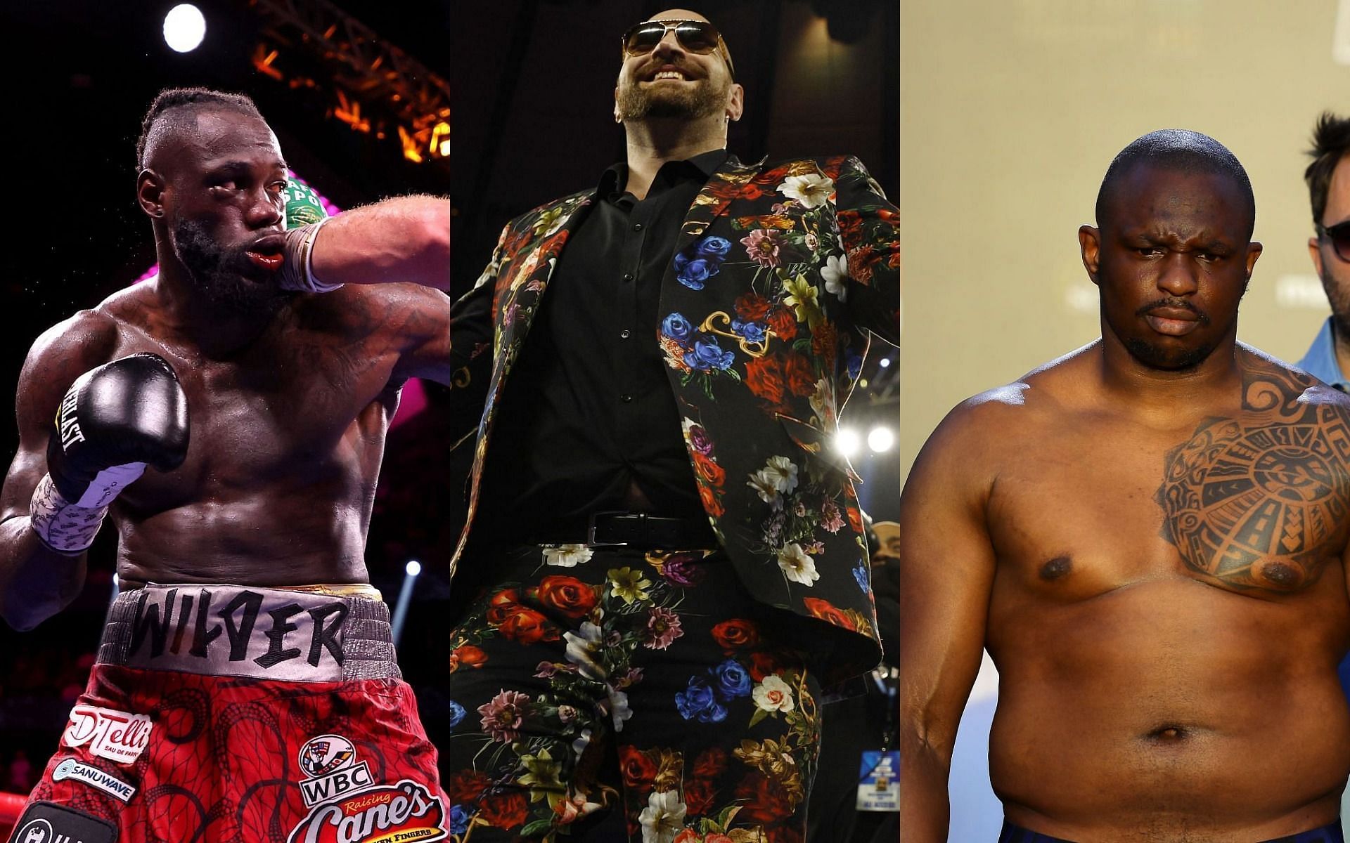 Deontay Wilder (L) would KO Dillian Whyte (R) according to Tyson Fury (center)