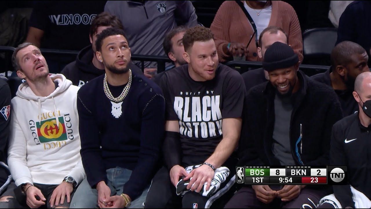 (L-R) Goran Dragic, Ben Simmons, Blake Griffin and Kevin Durant of the Brooklyn Nets on the bench