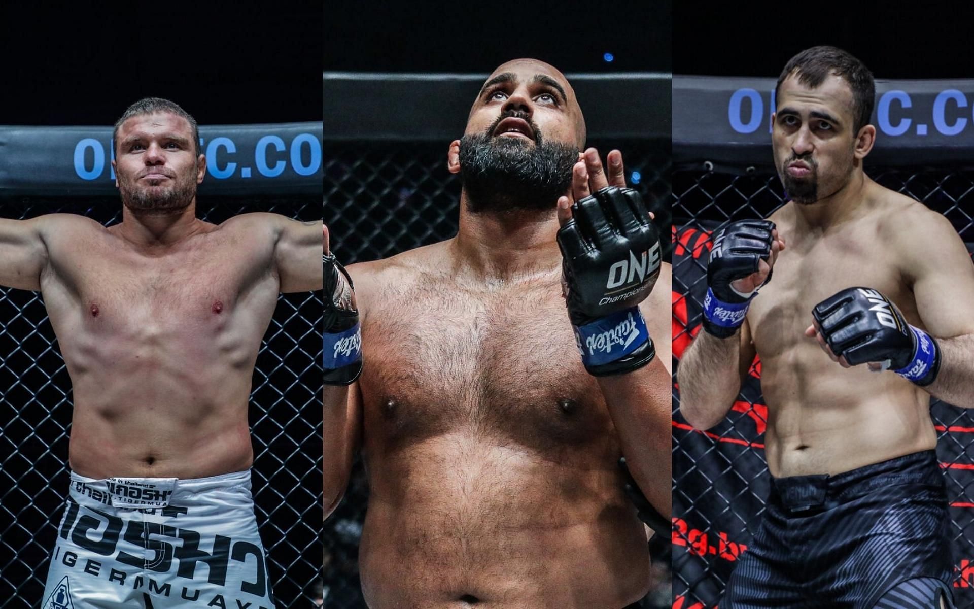 Since ONE Championship heavyweight world champion Arjan Bhullar (center) couldn&#039;t defend his belt, Anatoliy Malykhin (left) and Kirill Grishenko (right) will fight for the interim strap. (Images courtesy of ONE Championship)