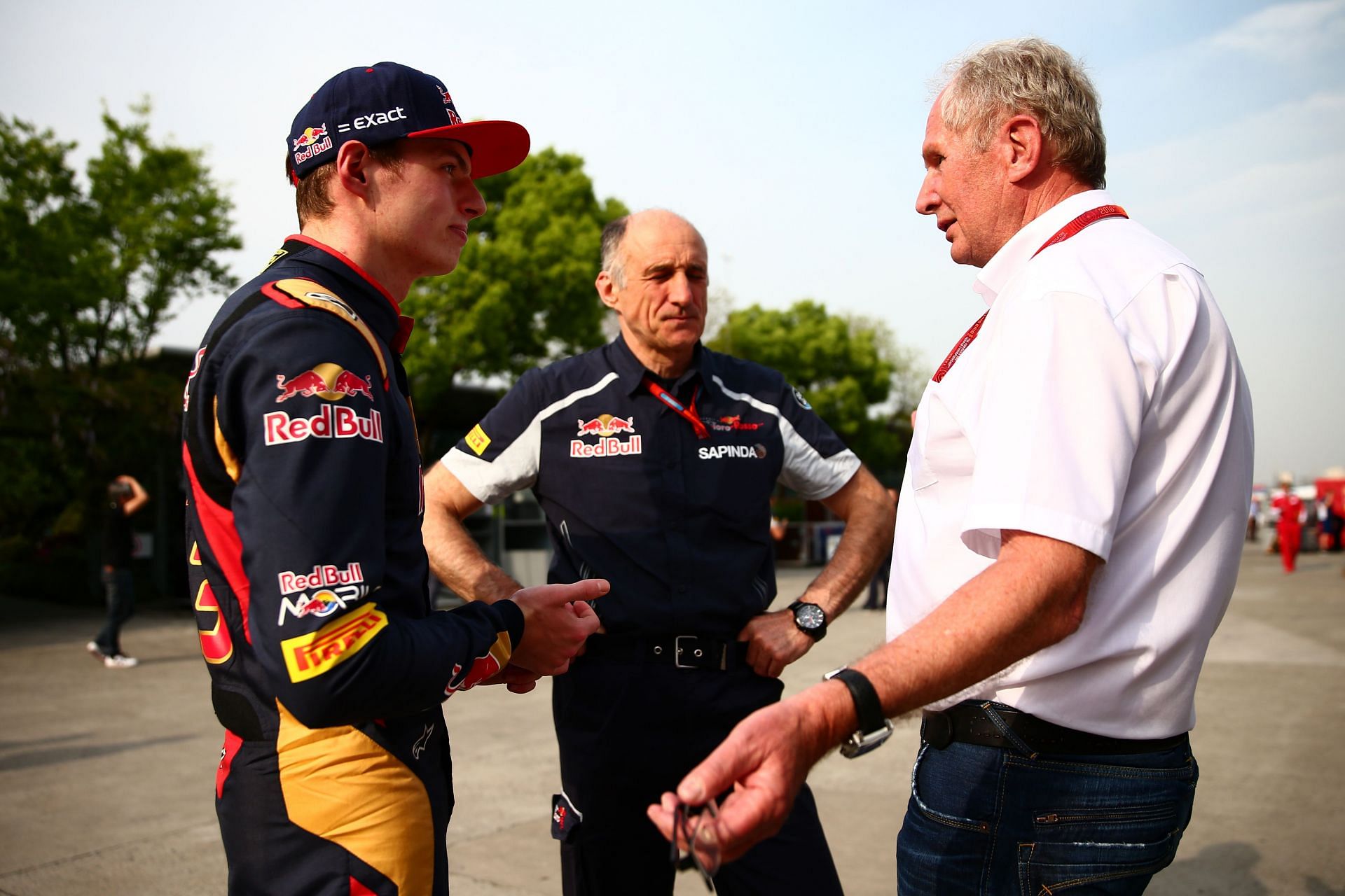 Max Verstappen with Helmut Marko, and Scuderia Toro Rosso Team Principal Franz Tost in the Paddock during his debut season in F1. (Photo by Dan Istitene/Getty Images)