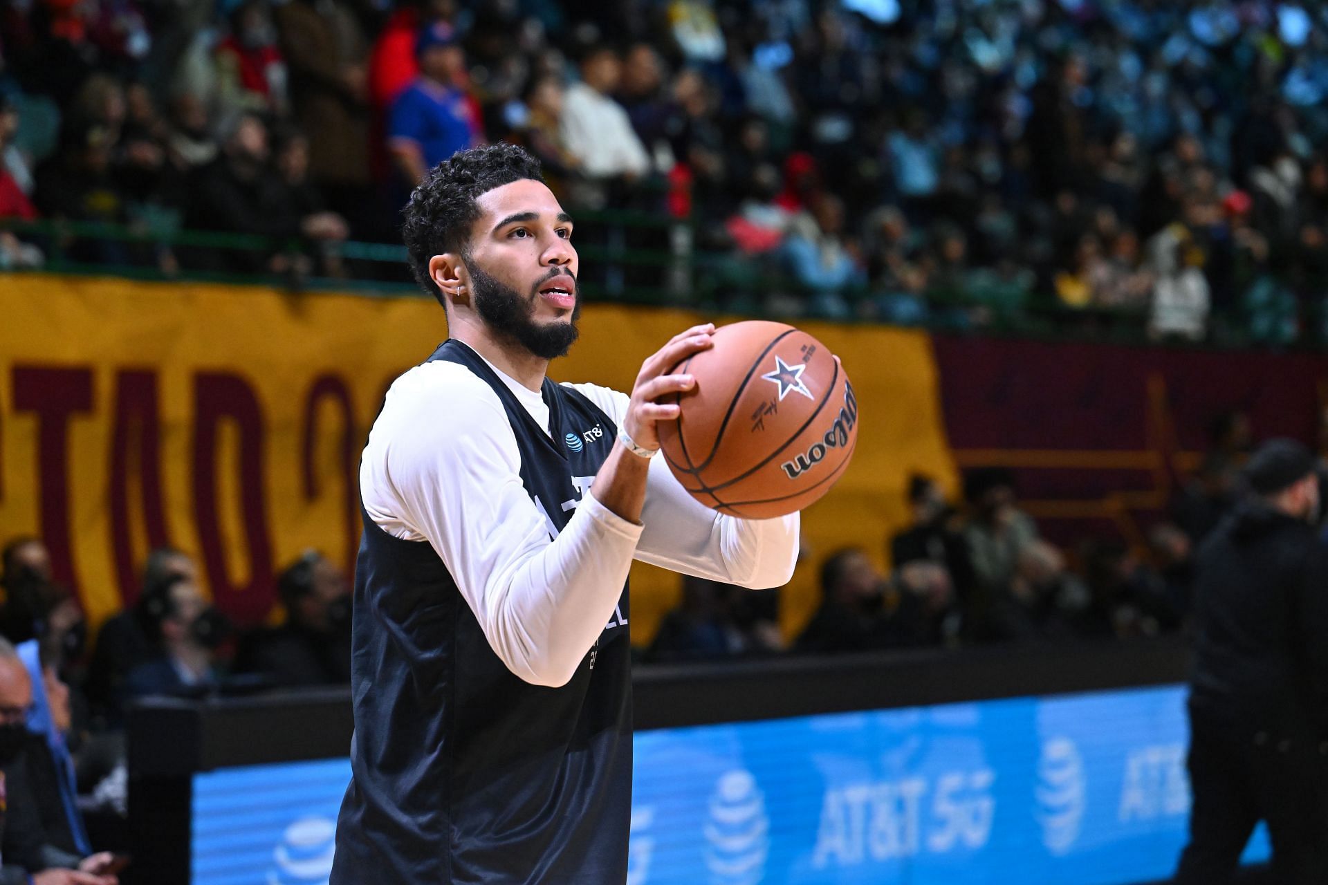 Jayson Tatum #0 shoots during the NBA All-Star practice at the Wolstein Center on February 19, 2022 in Cleveland, Ohio.