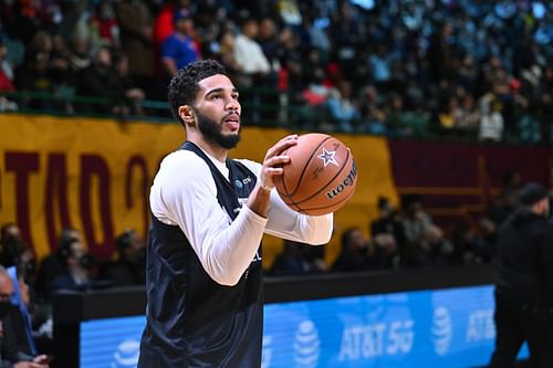 Jayson Tatum #0 shoots during the NBA All-Star practice at the Wolstein Center on February 19, 2022 in Cleveland, Ohio.