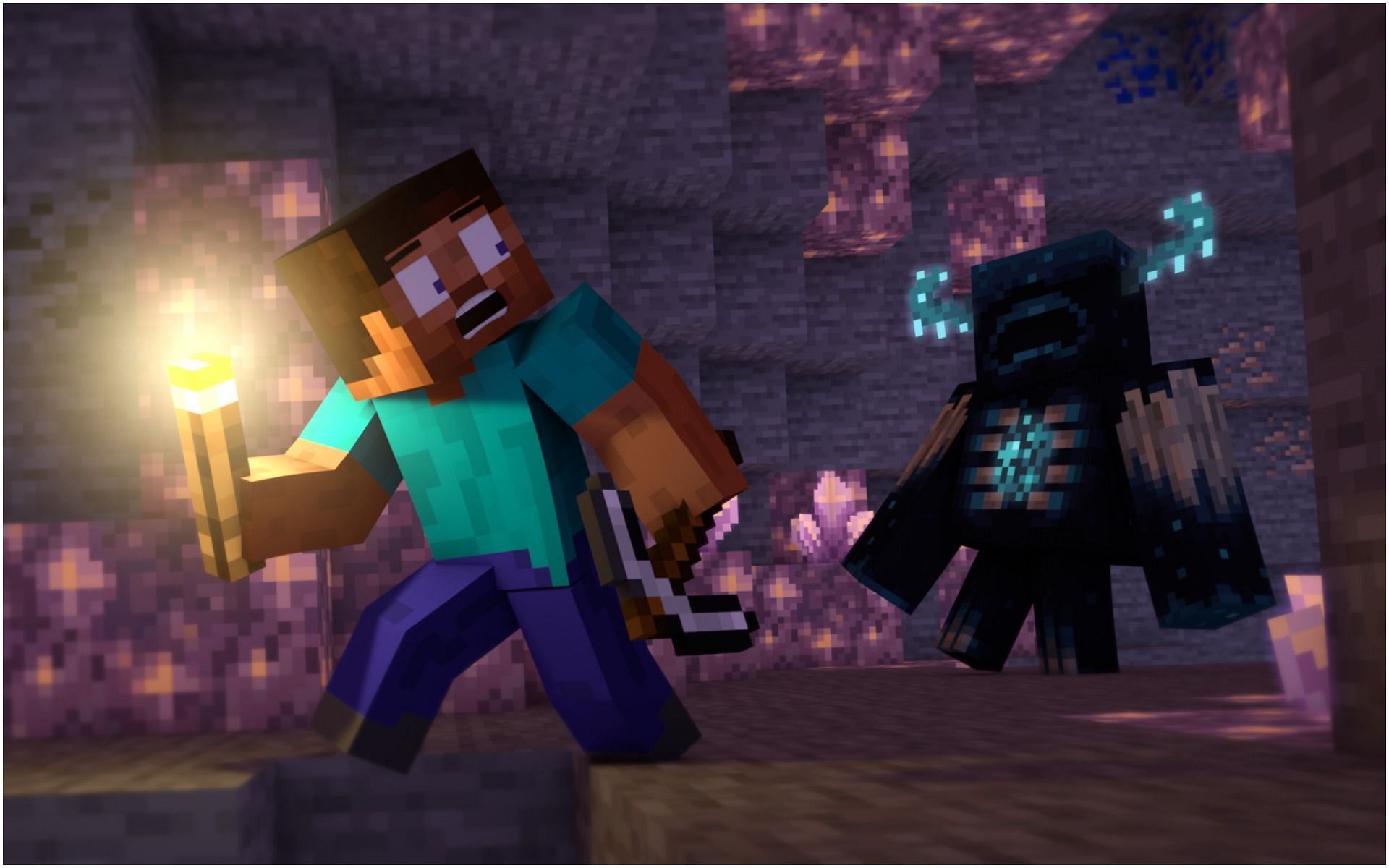 The Warden chases a player through an amethyst laden cave (Image via WallpaperCave/Minecraft)