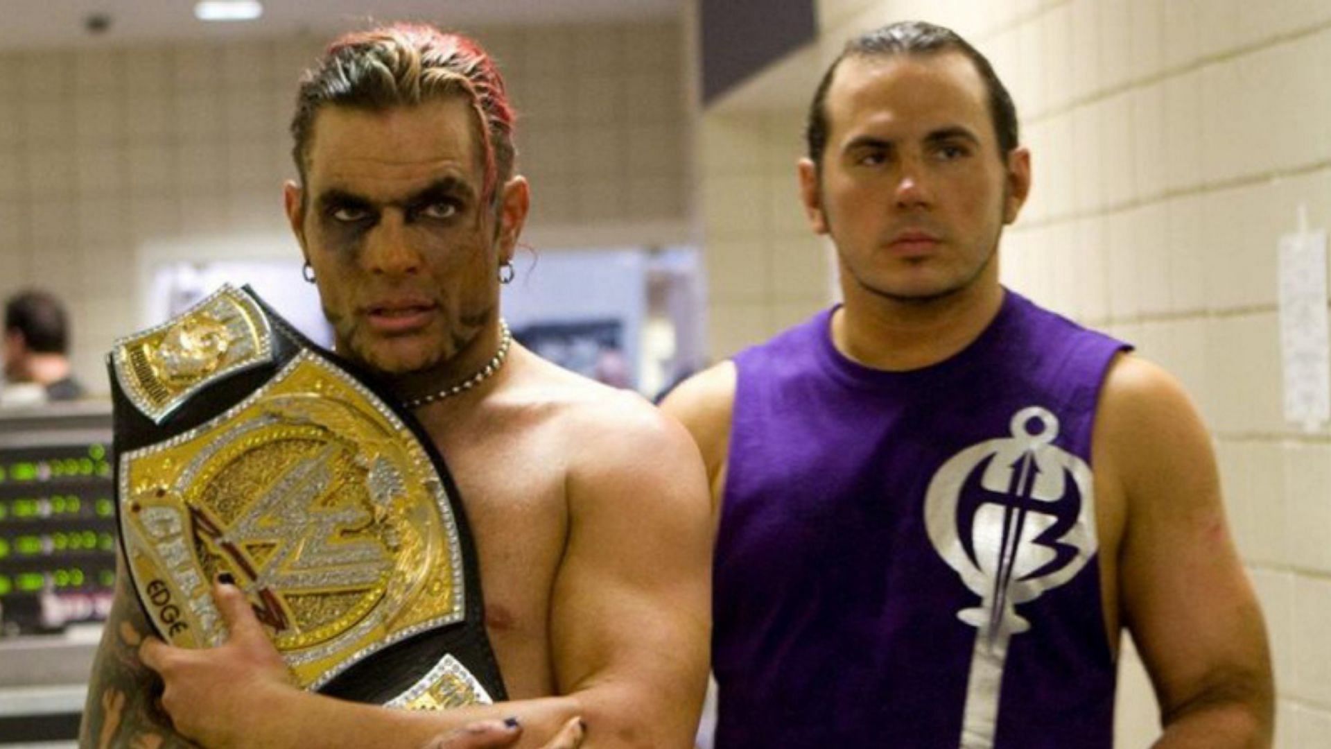 The Hardy Boyz backstage at a WWE event in 2008