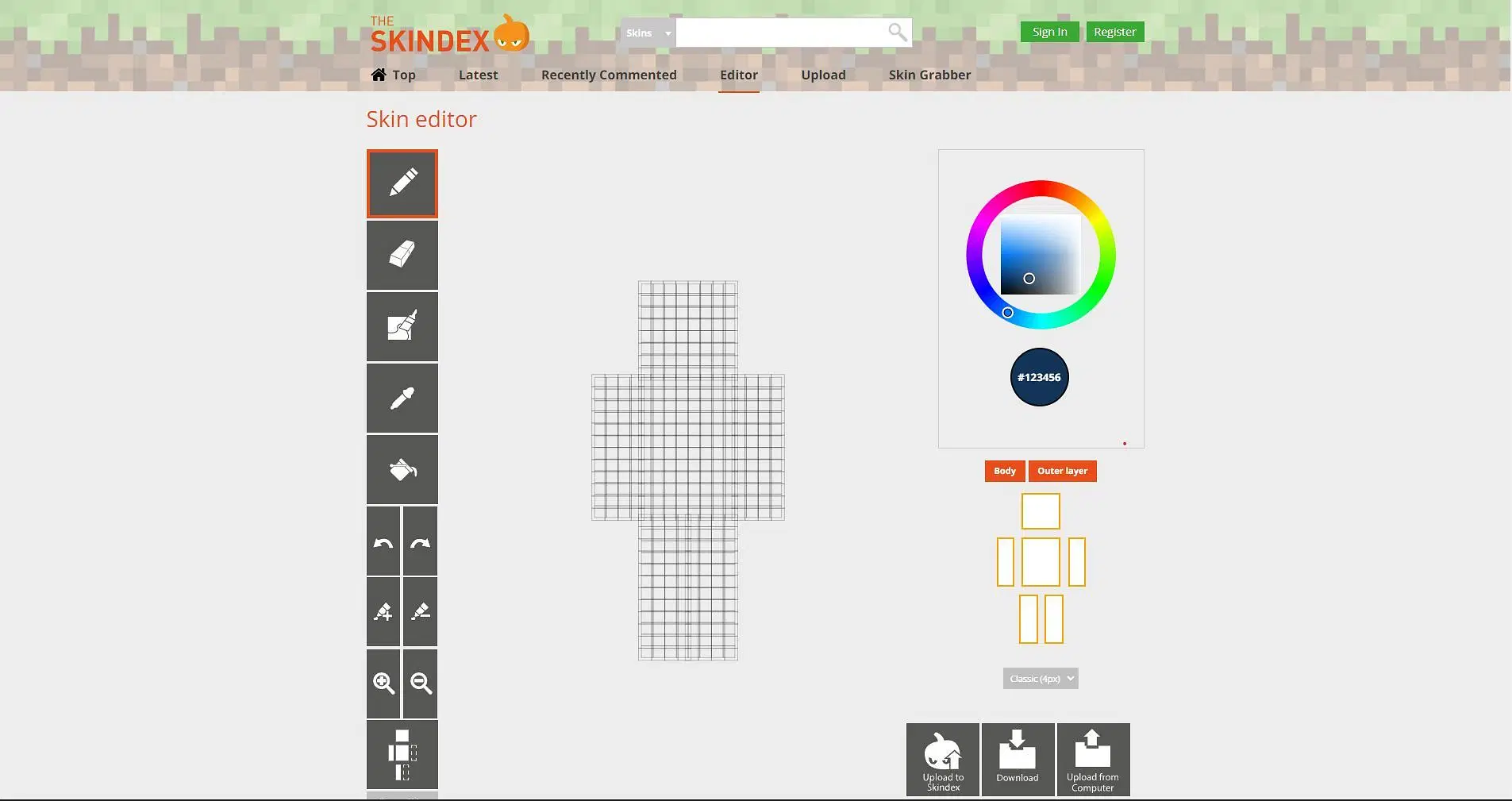 The skin editor page (Image via minecraftskins.com)