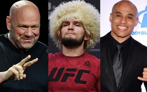 Dana White (left); Khabib Nurmagomedov (center); Ali Abdelaziz (right)