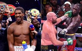 Anthony Joshua seen training for Oleksandr Usyk with Tyson Fury vs. Deontay Wilder III playing in background