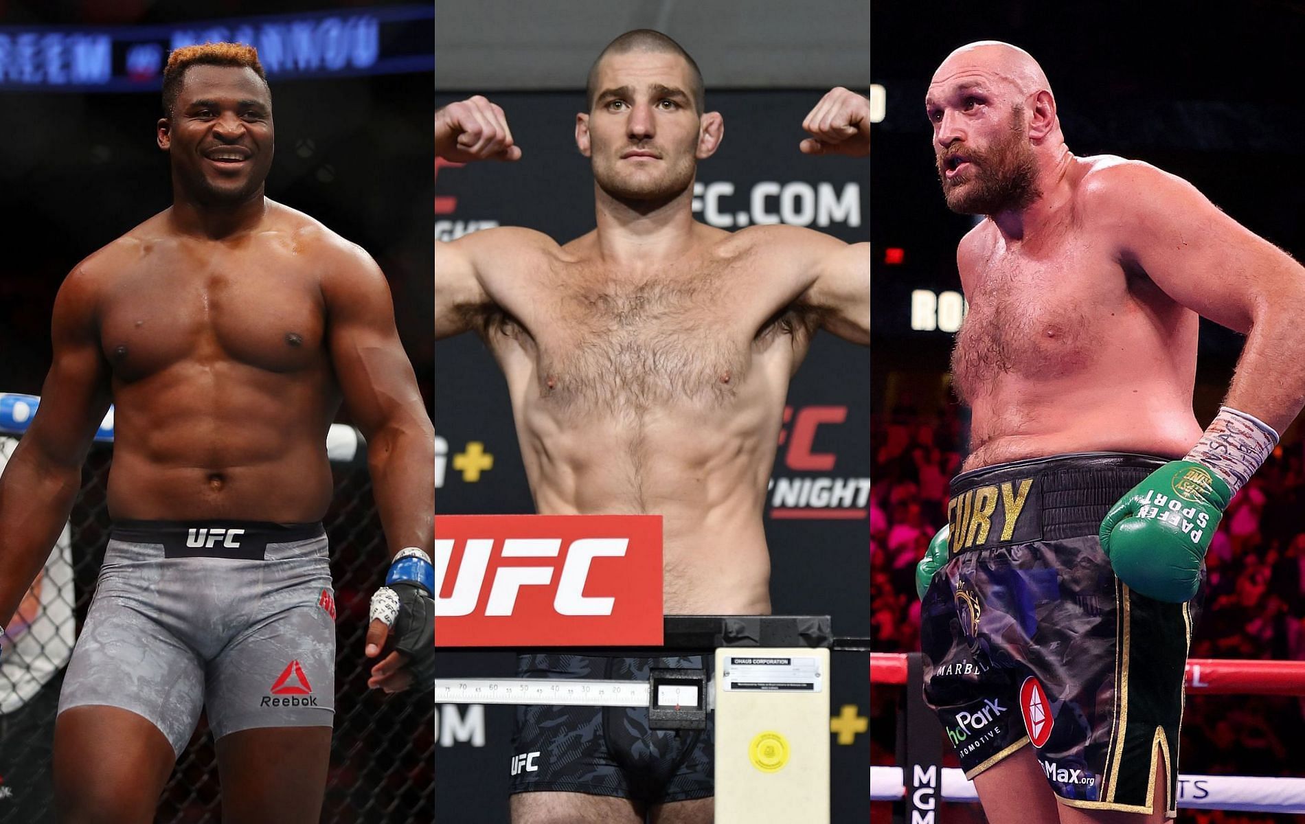 Francis Ngannou (left), Sean Strickland (center) &amp; Tyson Fury (right)