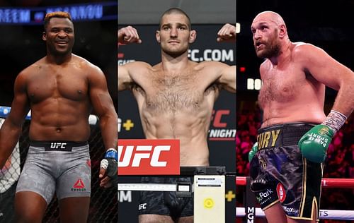 Francis Ngannou (left), Sean Strickland (center) & Tyson Fury (right)