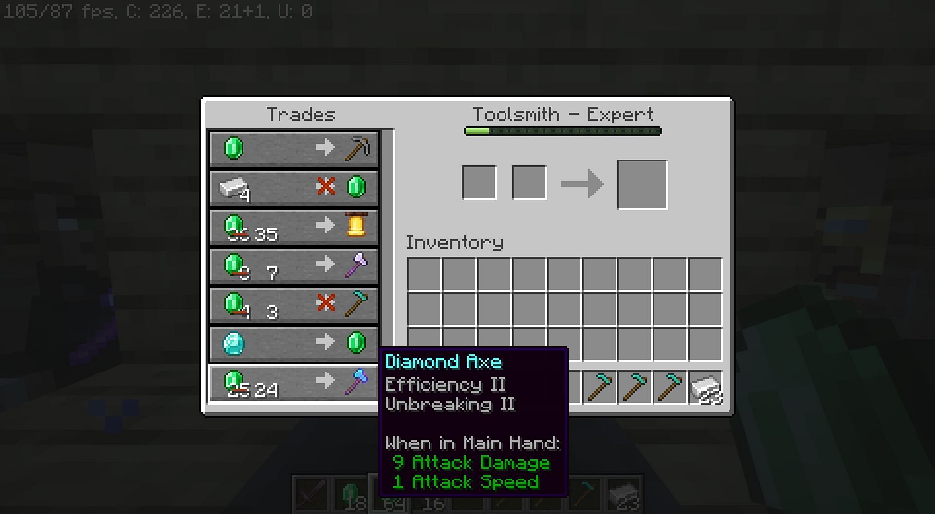 Enchanted diamond axe by the toolsmith (Image via Minecraft)