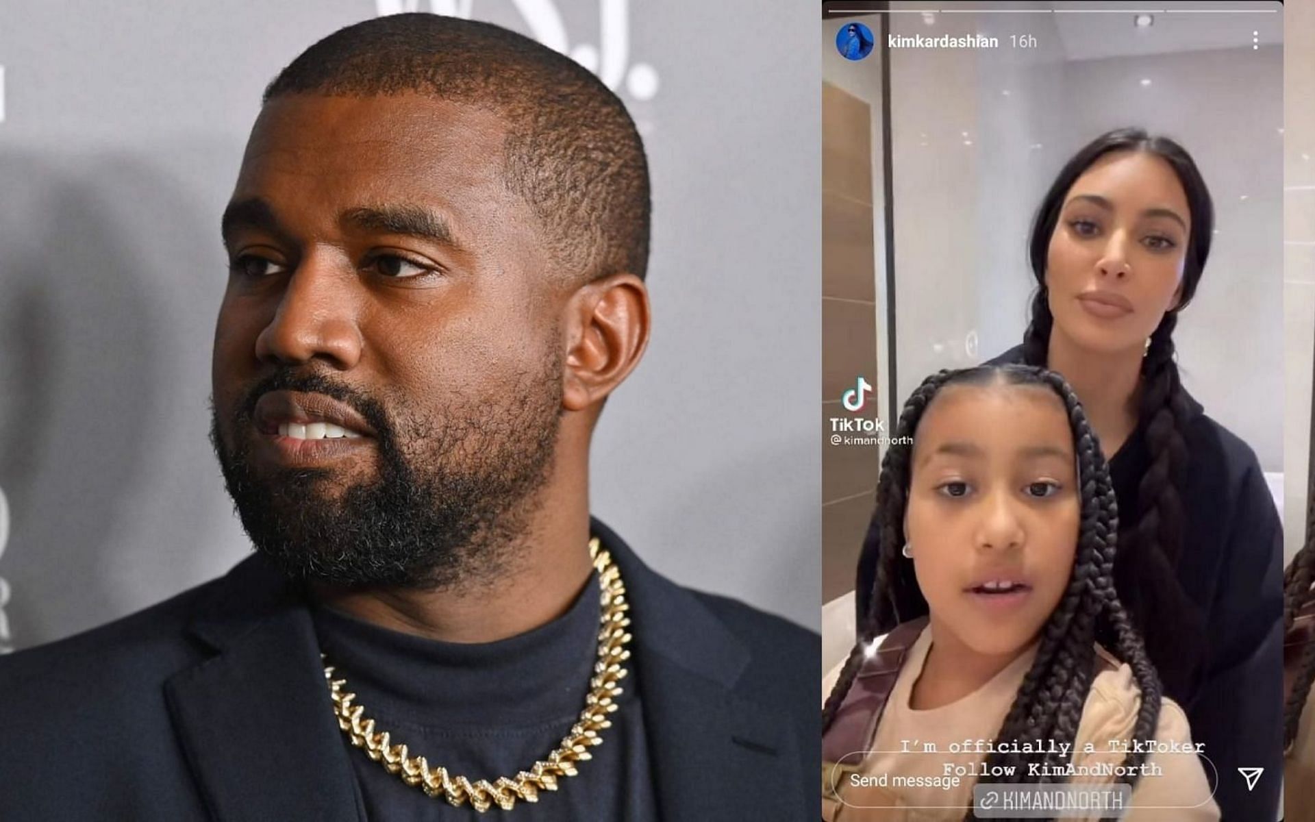 Ye, Kim and North (Images via Angela Weiss/AFP/Getty Images and kimandnorth/TikTok)