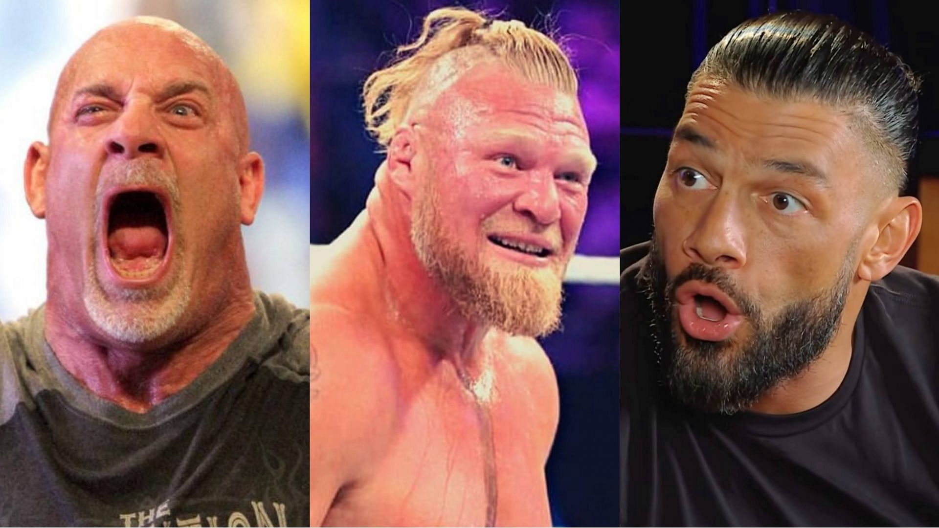 Goldberg (left), Brock Lesnar (center), and Roman Reigns (right)