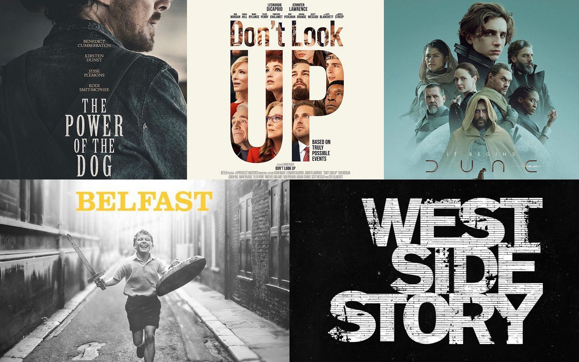 Five movies that made a mark for Oscars 2022 nominations predictions (Image via @dunemovie/Instagram, @westsidestorymovie/Instagram, @belfastmovie/Instagram, @powerofthedogfilm/Instagram, dontlookupfilm/Instagram)