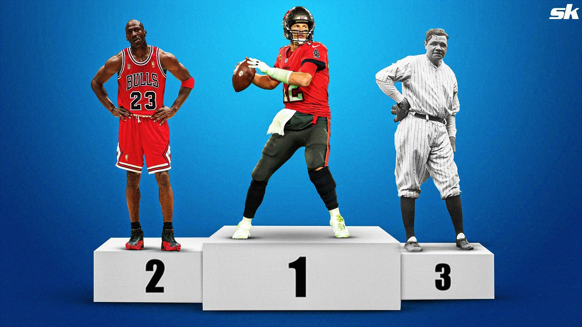 Michael Jordan (L), Tom Brady (C), and Babe Ruth (R)