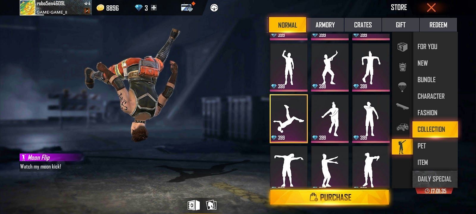 The character performs a diagonal somersault (Image via Garena)