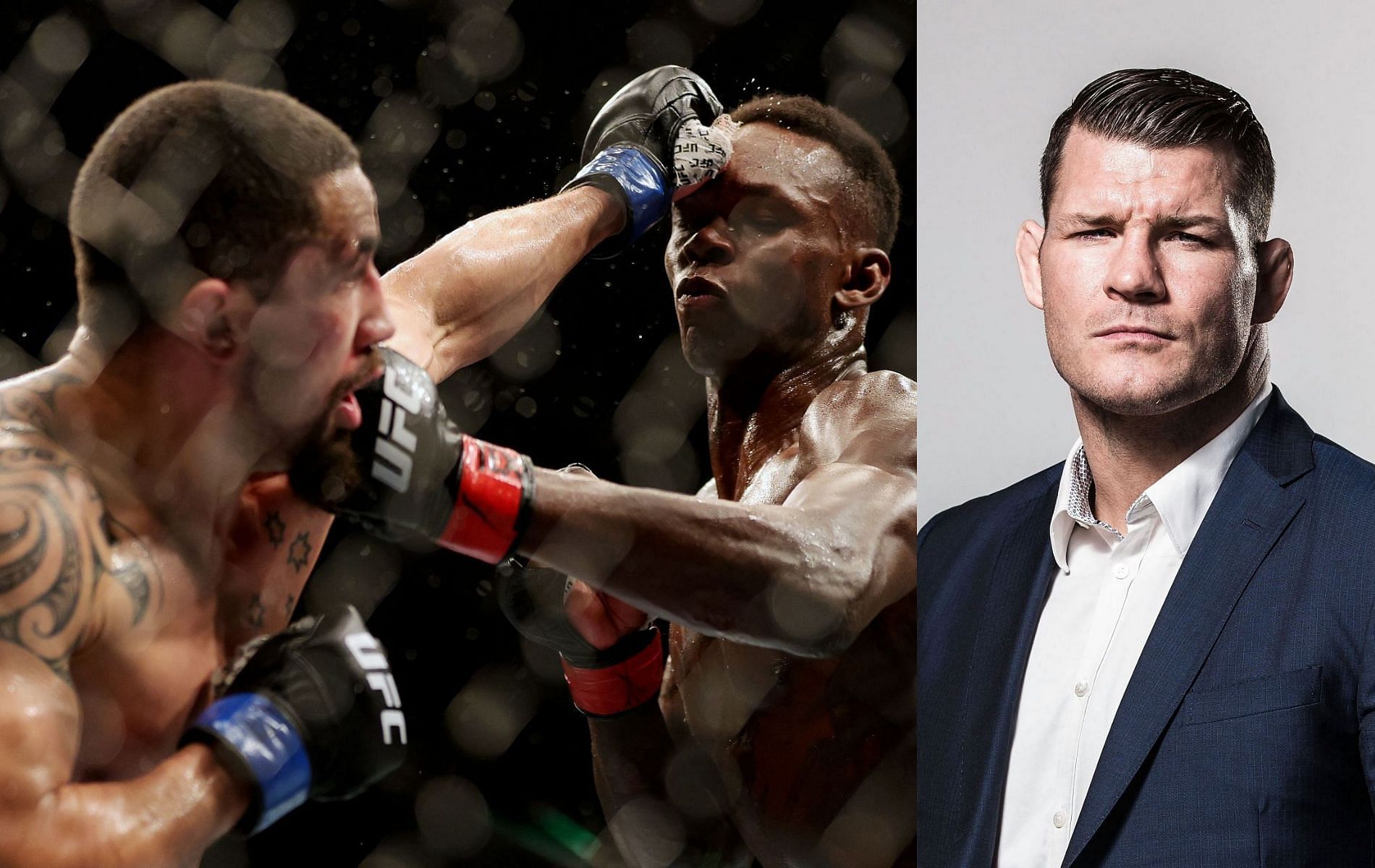 Robert Whittaker (left), Israel Adesanya (center) &amp; Michael Bisping (right)