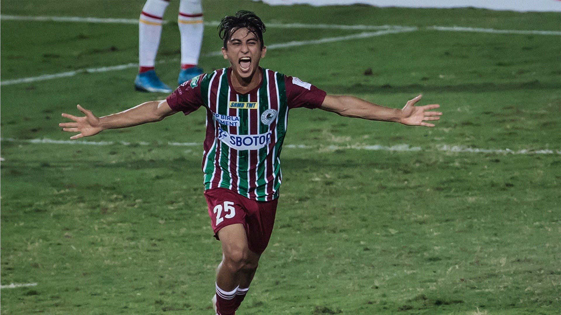 TAKE OFF! Kiyan Nassiri celebrates after completing his hat-trick against SC East Bengal. (Image: ISL)