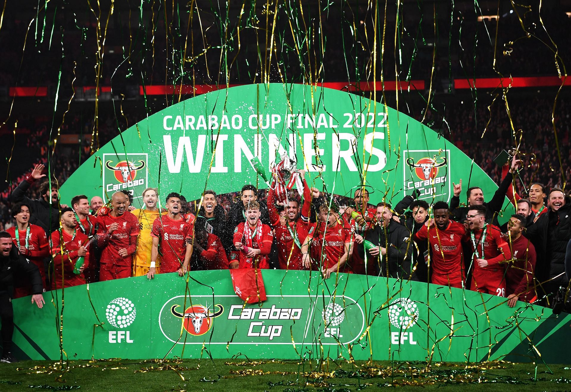 Liverpool players celebrate after winning the 2022 Carabao Cup Final.