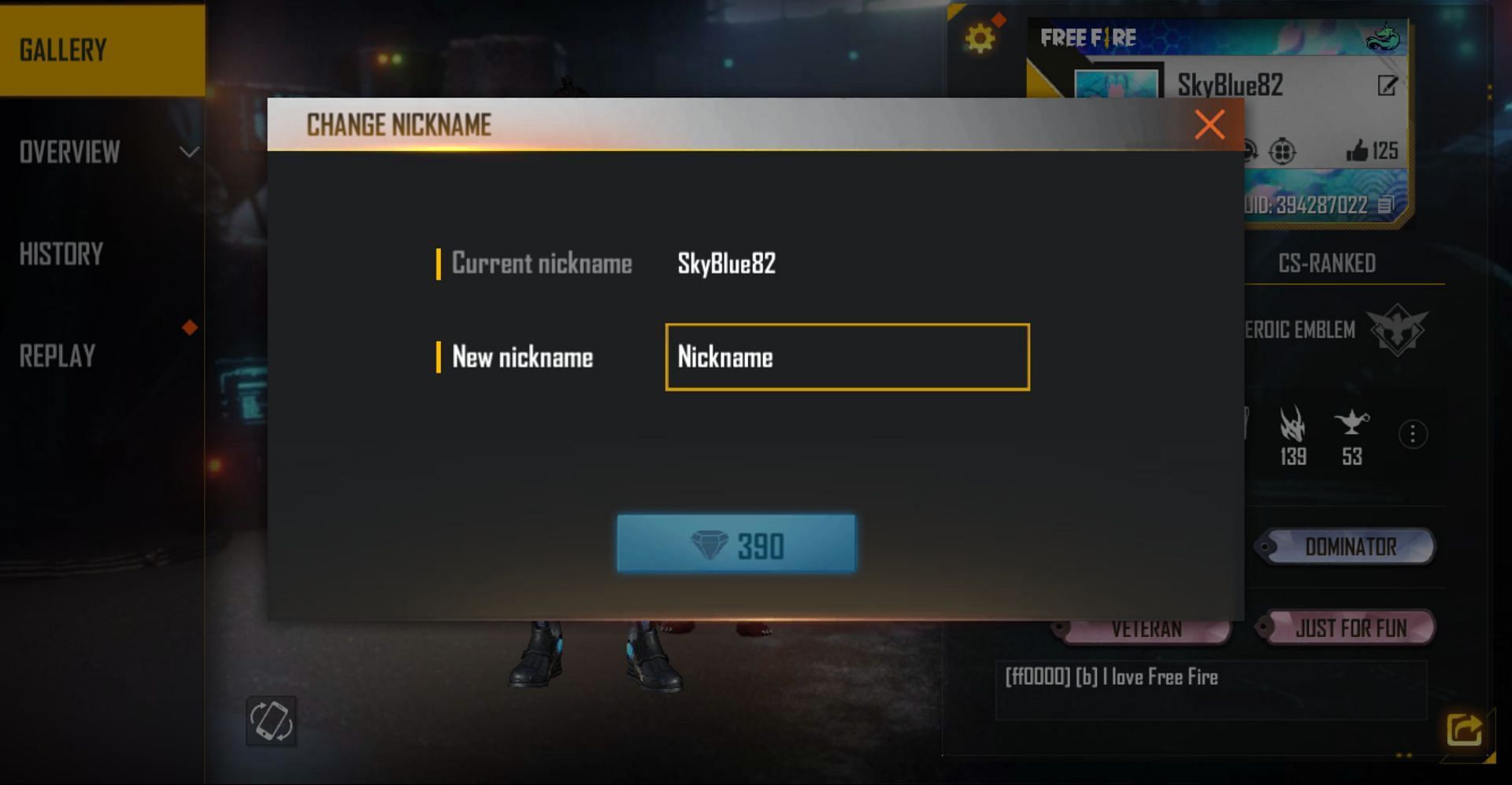 In this pop-up box, users can enter the required name and choose the necessary option (Image via Garena)
