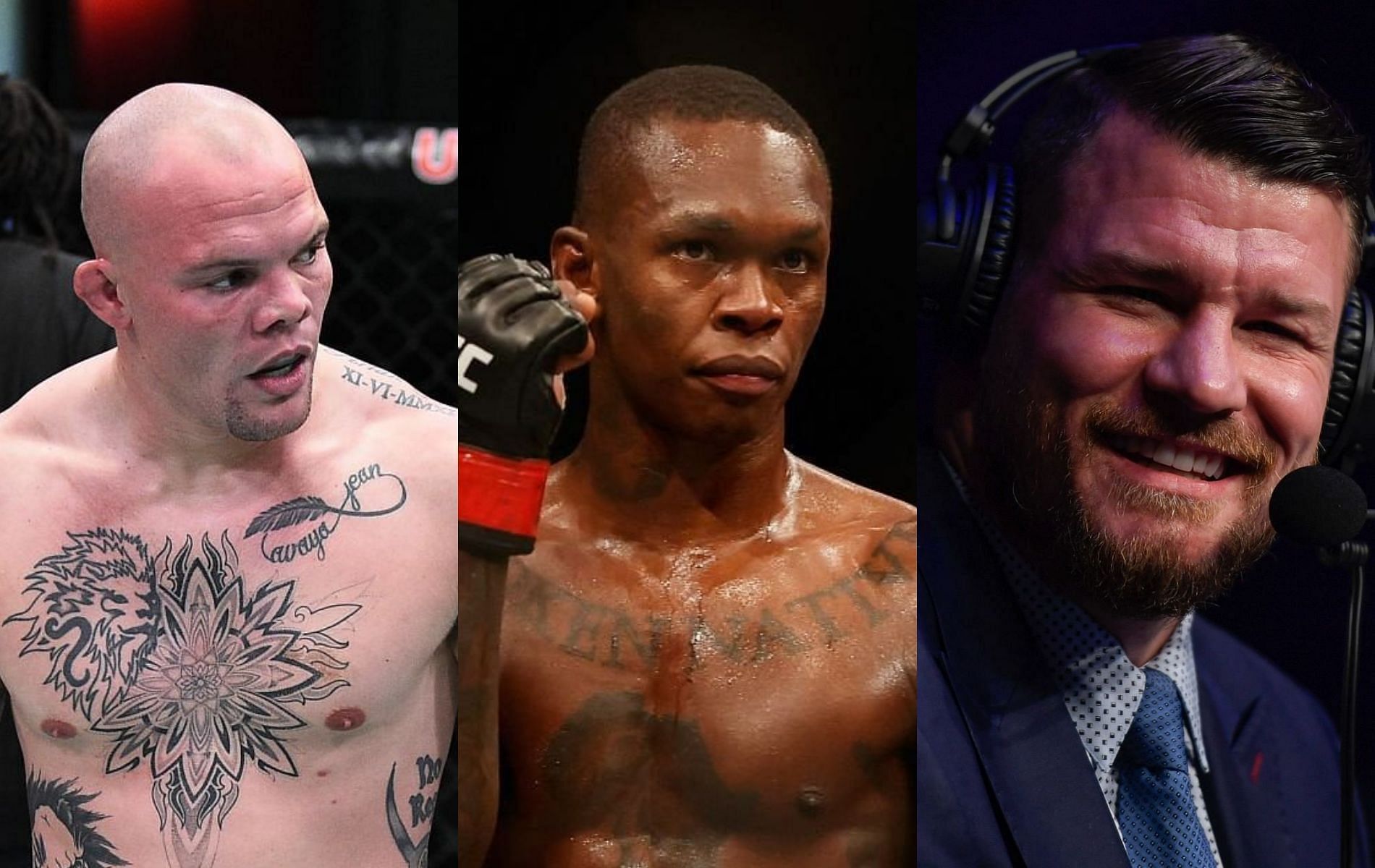 Anthony Smith (left), Israel Adesanya (center) &amp; Michael Bisping (right)