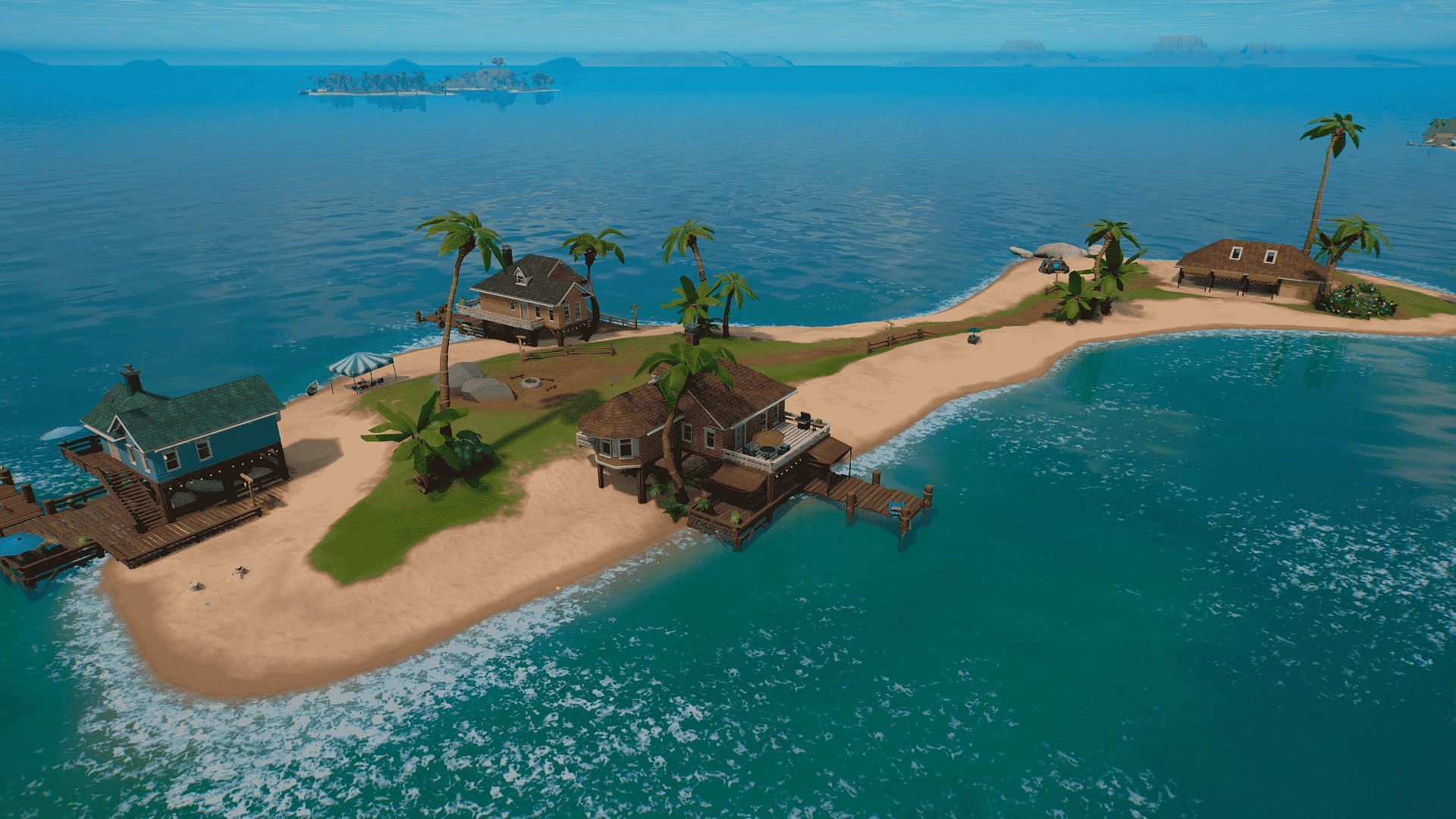 The Sunburned Shack landmark sits among the islands on the east portion of the Fortnite map (Image via Epic Games)