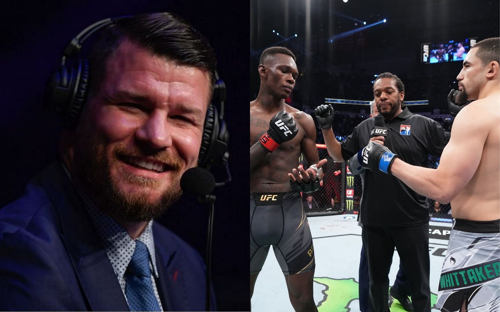 Michael Bisping (left), Israel Adesanya and Robert Whittaker (right) [Image credits: Getty and UFC]