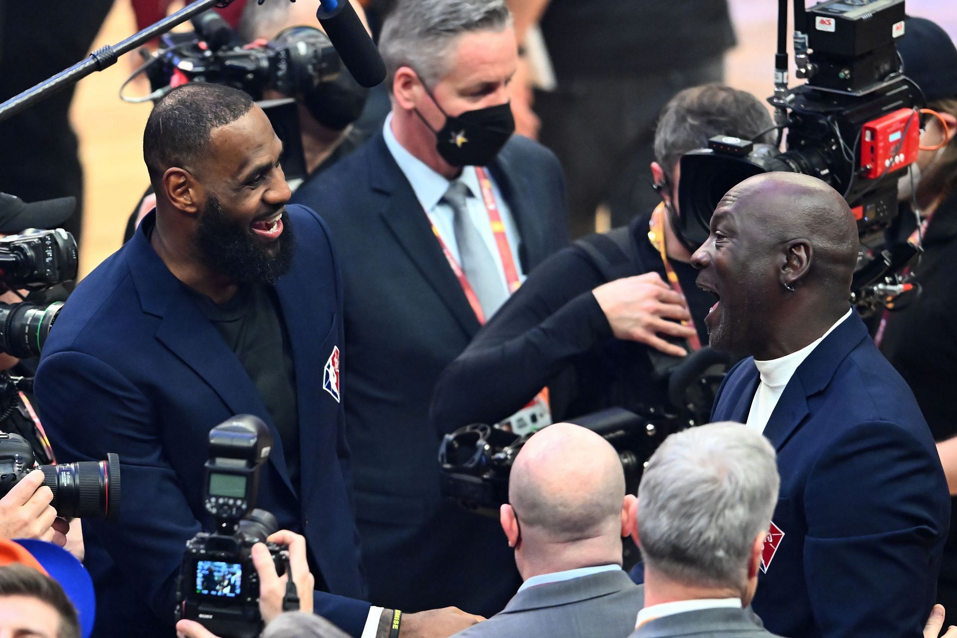 LeBron James (left) and Michael Jordan shared a moment at the 2022 NBA All-Star Game.