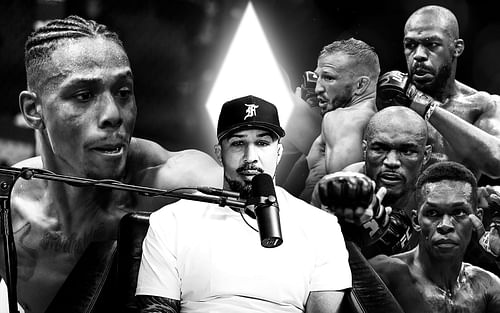 Brendan Schaub (center) [Image courtesy of Thiccc Boy]; Jamahal Hill (left), Israel Adesanya, Jon Jones, TJ Dillashaw, Kamaru Usman (all right)