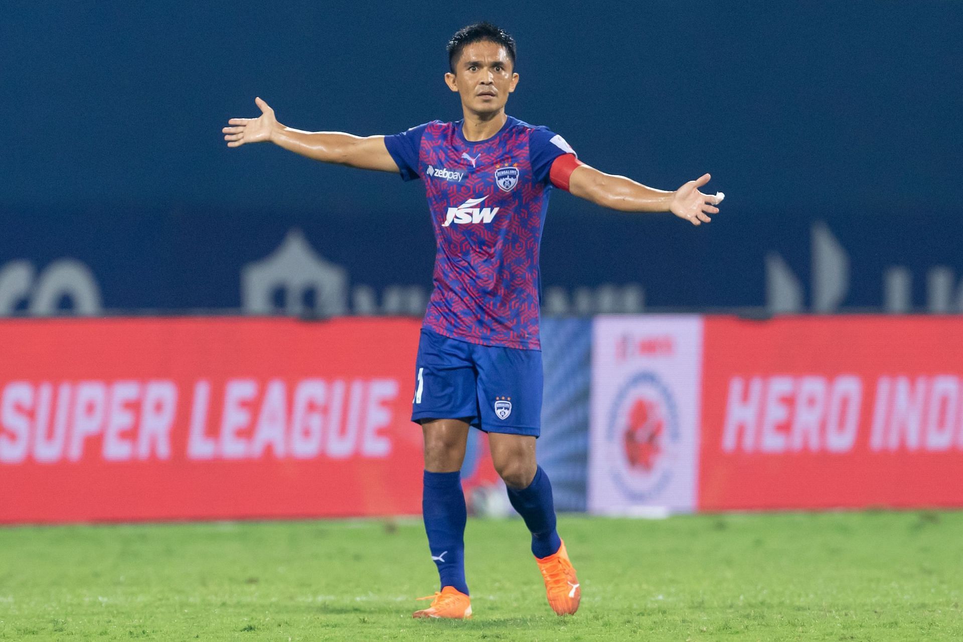 Bengaluru FC skipper Sunil Chhetri celebrates his goal as he reaches the 50-goal mark in the ISL (Image Courtesy: ISL)